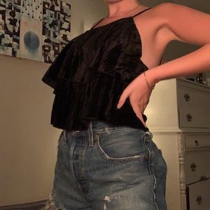 Black ruffled velvet Zara cropped tank
